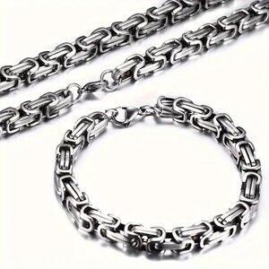 #592 2pcs/set 201 Stainless Steel Byzantine Chain Braided Chain Necklace Bracele